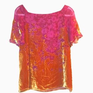 Unique textured velvety blouse, EUC, orange and magenta, small